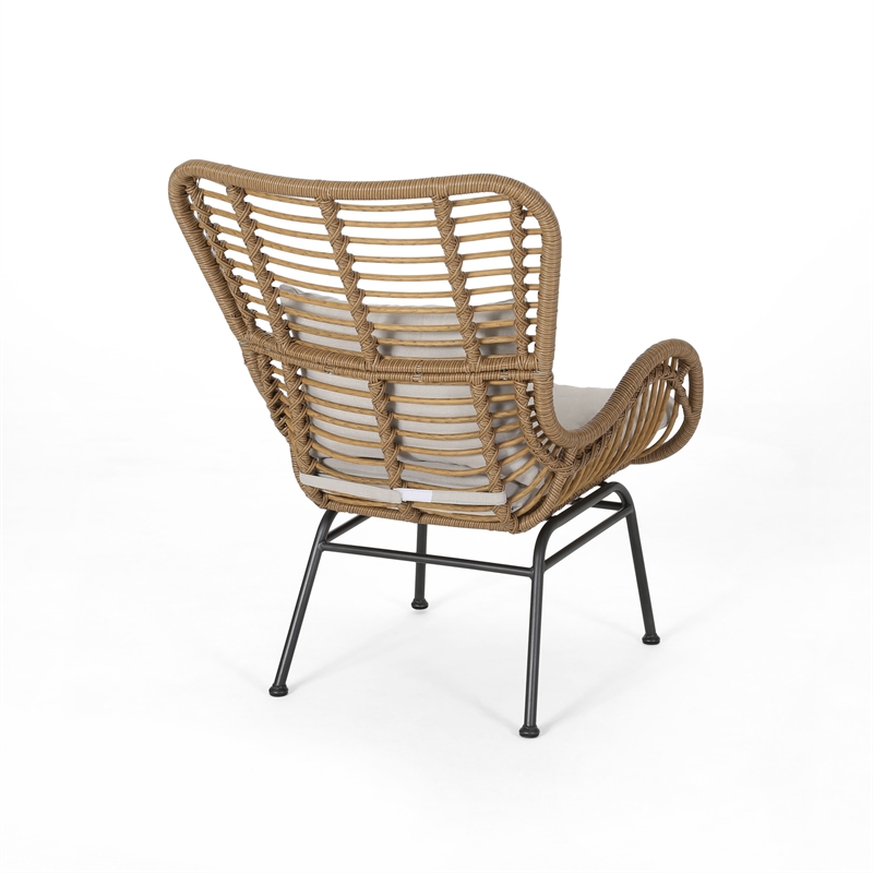 Margo Outdoor Accent Chair- Brown Woven Rattan- Beige- Black Metal