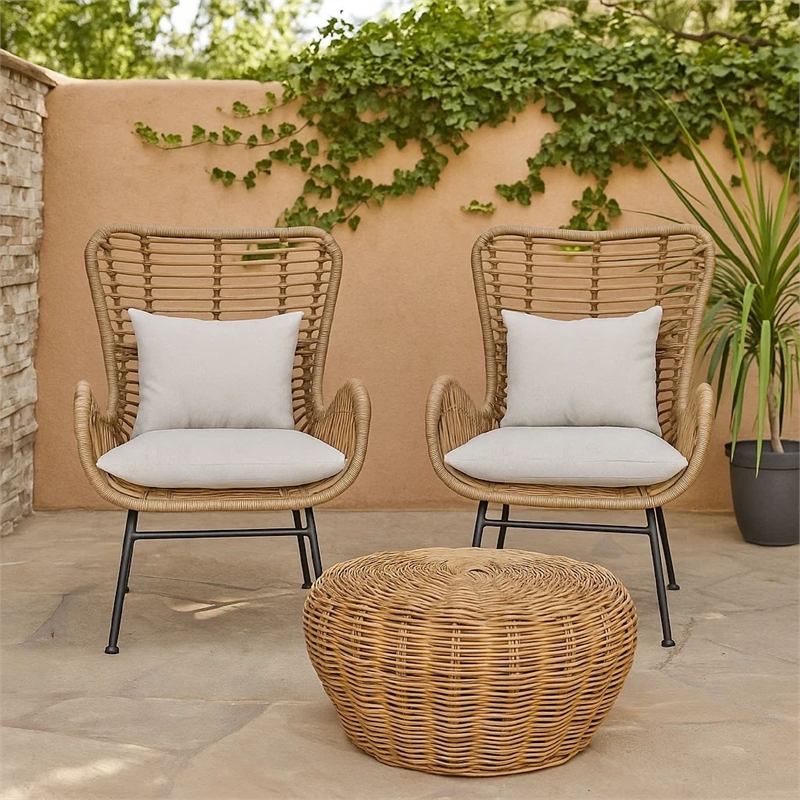 Margo Outdoor Accent Chair- Brown Woven Rattan- Beige- Black Metal