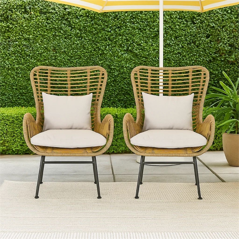 Margo Outdoor Accent Chair- Brown Woven Rattan- Beige- Black Metal