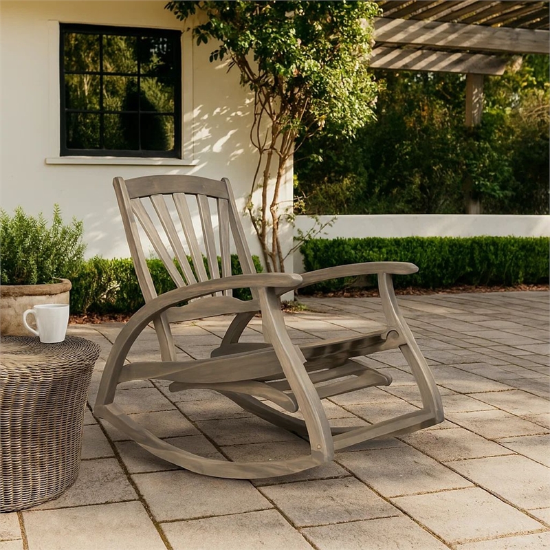 Rizz Outdoor Reclining Rocking Chair- Retractable Footrest- Brown Wood