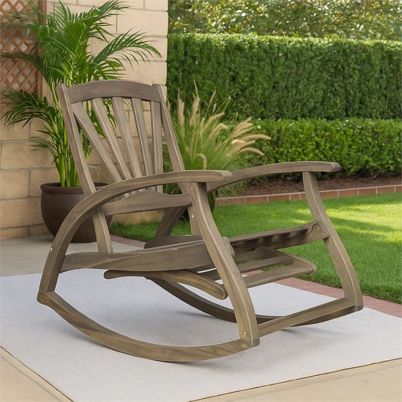 Rizz Outdoor Reclining Rocking Chair- Retractable Footrest- Brown Wood
