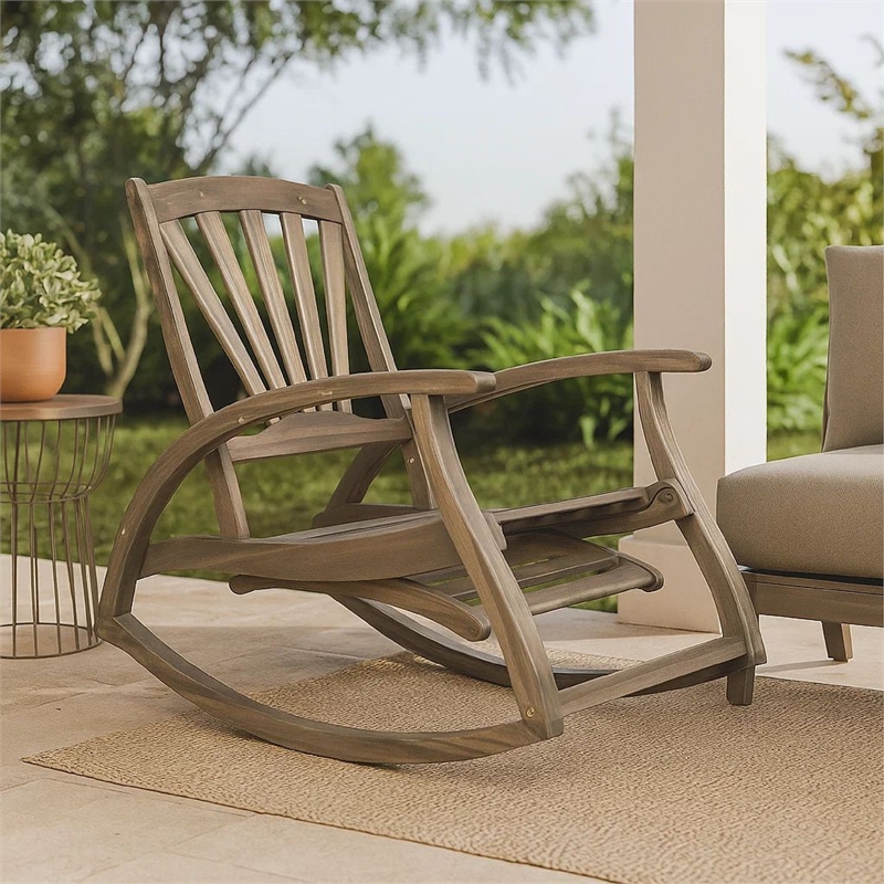 Rizz Outdoor Reclining Rocking Chair- Retractable Footrest- Brown Wood