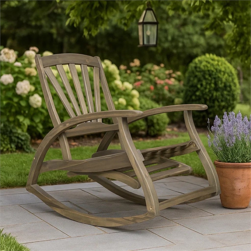 Rizz Outdoor Reclining Rocking Chair- Retractable Footrest- Brown Wood