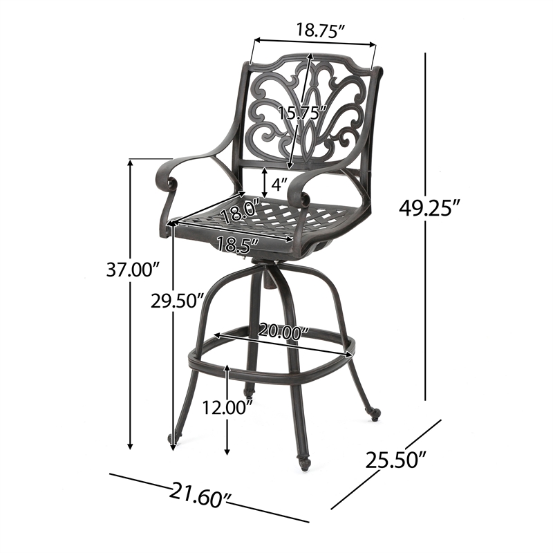 Outdoor Swivel Bar Height Chair- Ornate Bronze Aluminum Flared Base