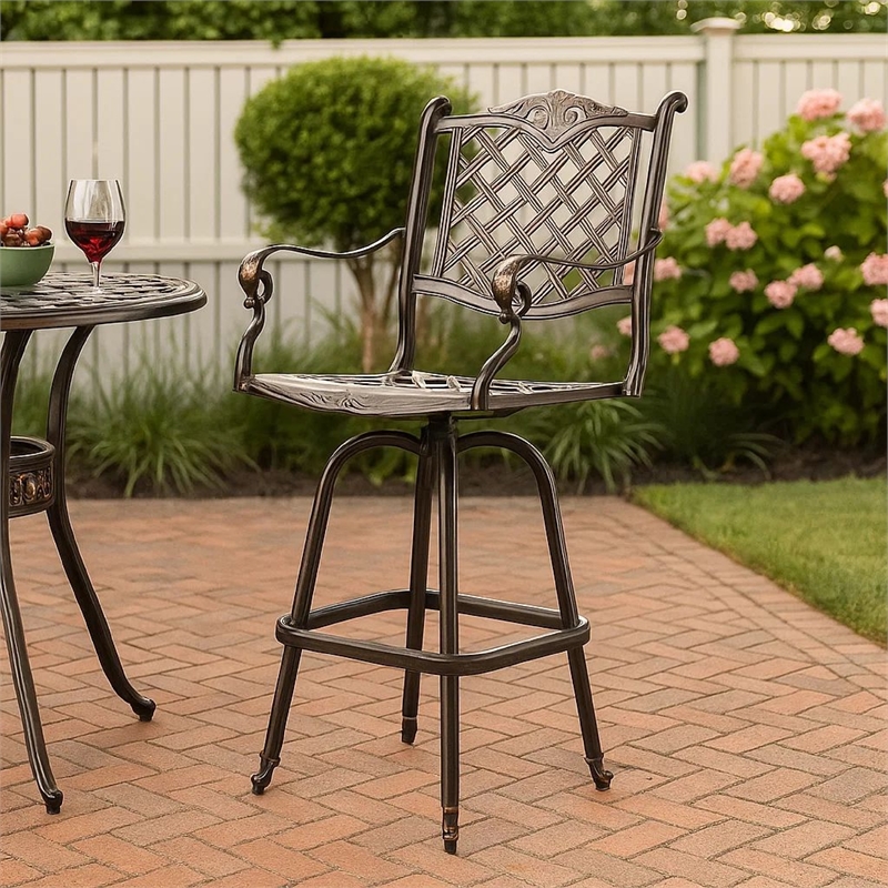 Outdoor Swivel Bar Height Chair- Ornate Bronze Aluminum Flared Base