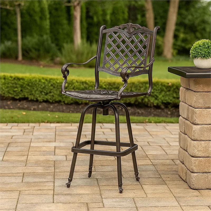 Outdoor Swivel Bar Height Chair- Ornate Bronze Aluminum Flared Base
