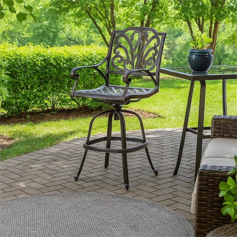 Outdoor Swivel Bar Height Chair- Ornate Bronze Aluminum Flared Base