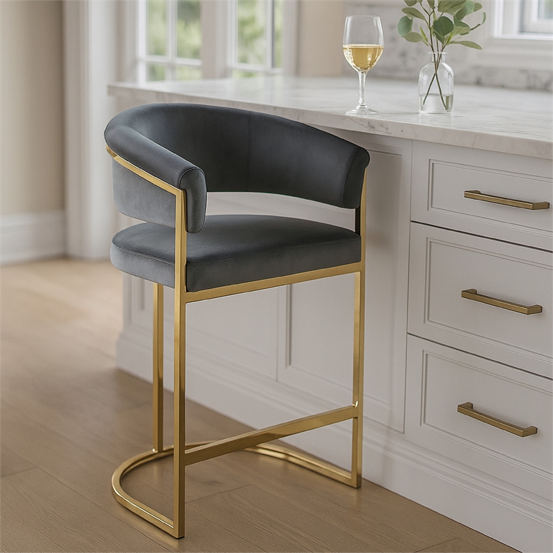 Dely Counter Height Chair- Gray Velvet with Gold Metal Sled Frame