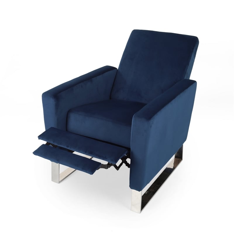 Reki Recliner Chair- Manual Push Back- Stainless Steel- Blue Velvet