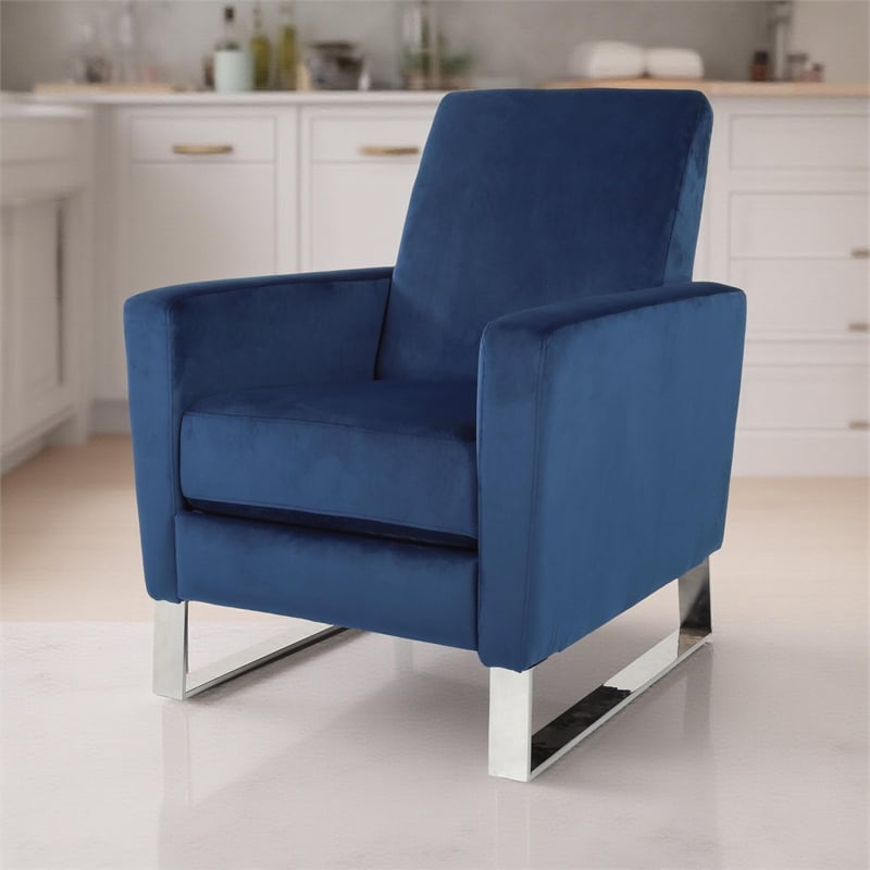 Reki Recliner Chair- Manual Push Back- Stainless Steel- Blue Velvet