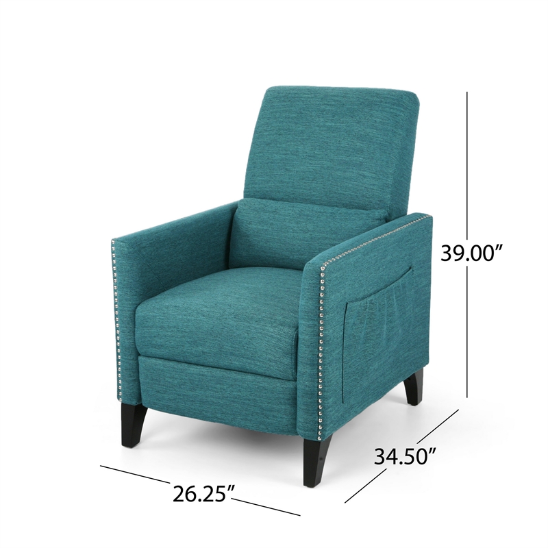 Davy Pushback Recliner Chair- Nailhead Trim- Birch Wood- Teal Fabric