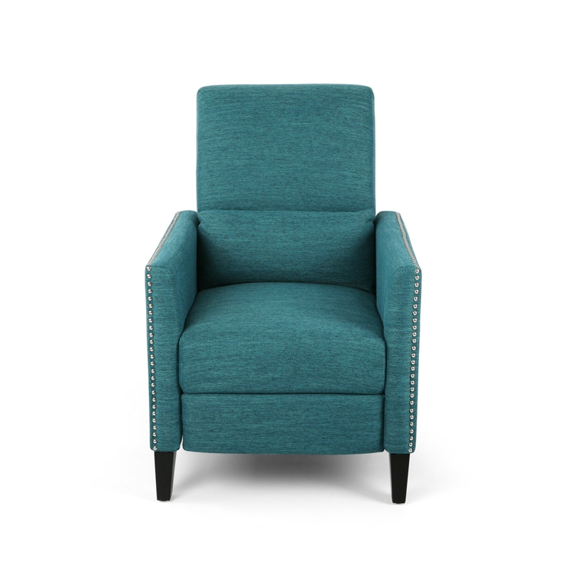 Davy Pushback Recliner Chair- Nailhead Trim- Birch Wood- Teal Fabric