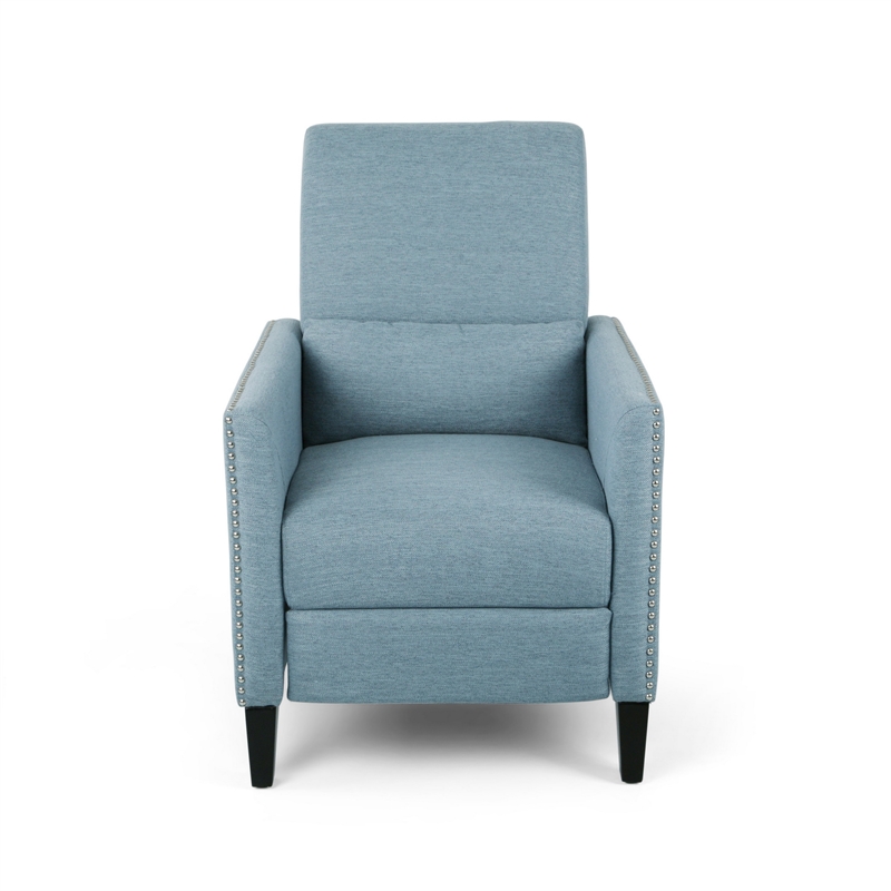 Davy Pushback Recliner Chair- Nailhead Trim- Birch Wood- Blue Fabric