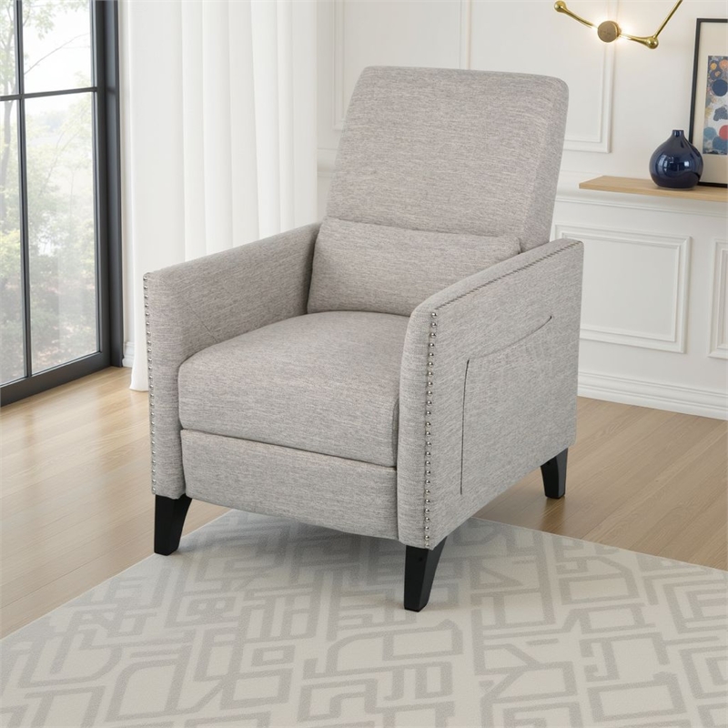Davy Pushback Recliner Chair- Nailhead Trim- Birch Wood- Gray Fabric