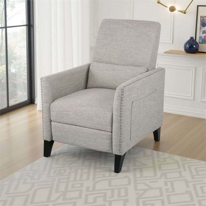 Davy Pushback Recliner Chair- Nailhead Trim- Birch Wood- Gray Fabric