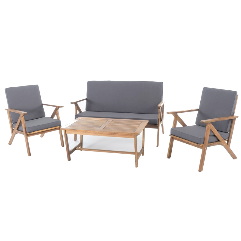 Namm 4pc Outdoor Table- Chairs- Loveseat Set- Brown Acacia Wood- Gray