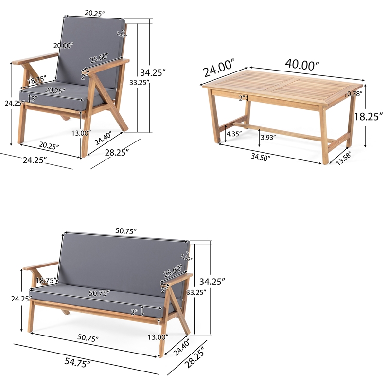 Namm 4pc Outdoor Table- Chairs- Loveseat Set- Brown Acacia Wood- Gray