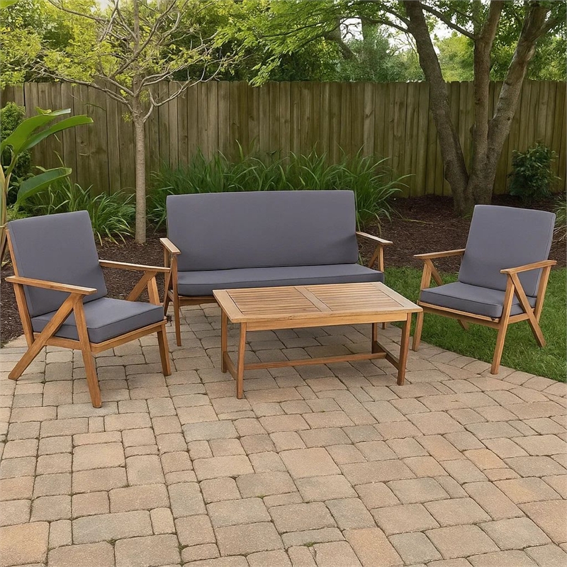 Namm 4pc Outdoor Table- Chairs- Loveseat Set- Brown Acacia Wood- Gray