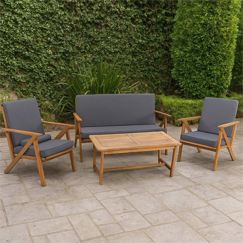 Namm 4pc Outdoor Table- Chairs- Loveseat Set- Brown Acacia Wood- Gray