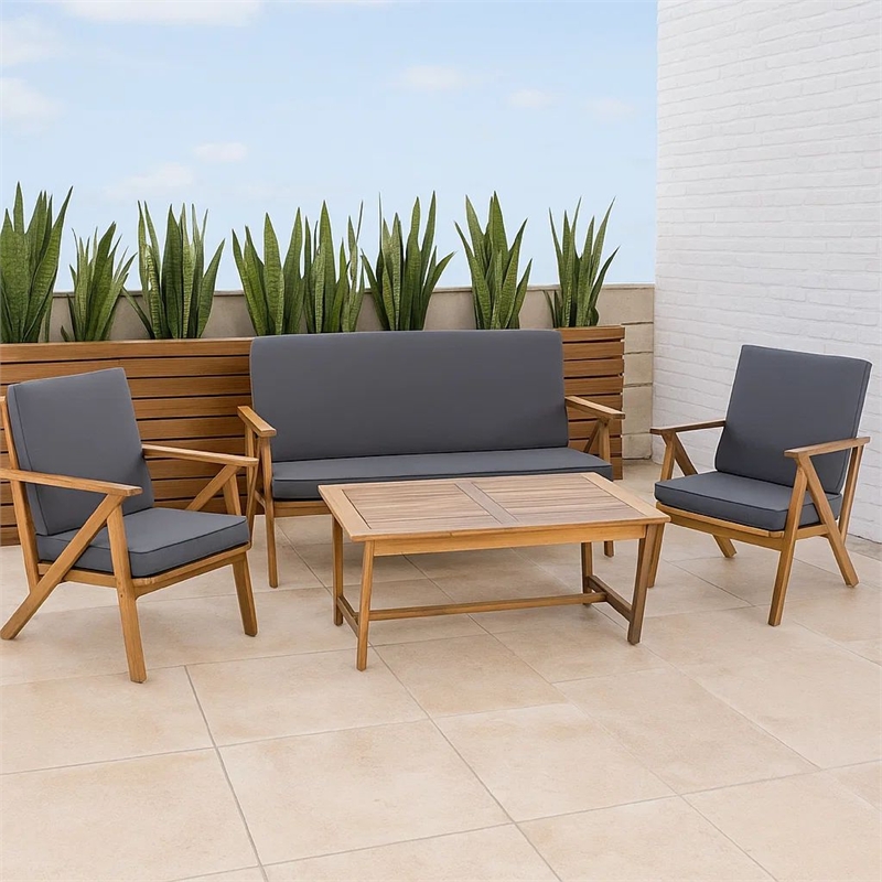 Namm 4pc Outdoor Table- Chairs- Loveseat Set- Brown Acacia Wood- Gray