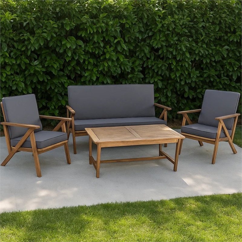 Namm 4pc Outdoor Table- Chairs- Loveseat Set- Brown Acacia Wood- Gray