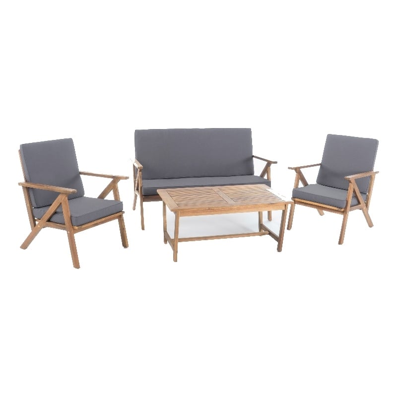 Namm 4pc Outdoor Table- Chairs- Loveseat Set- Brown Acacia Wood- Gray