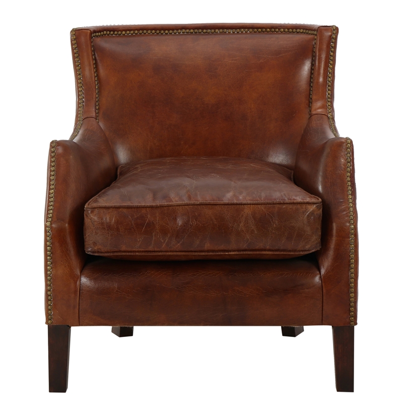 Accent Sofa Chair- Studded Trim- Brown Top Grain Leather- Rubberwood