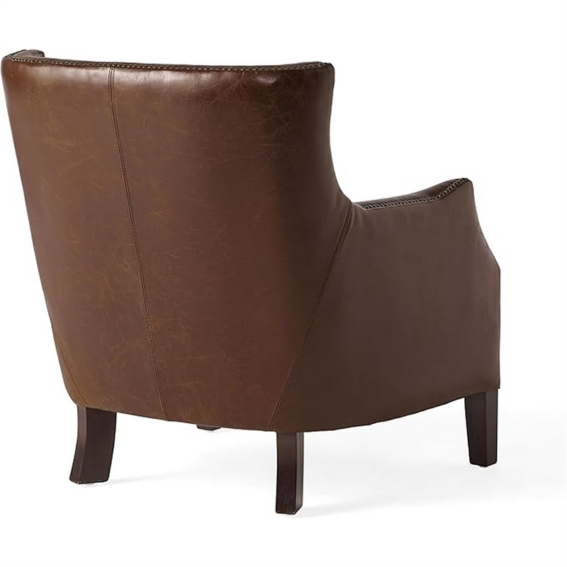 Accent Sofa Chair- Studded Trim- Brown Top Grain Leather- Rubberwood