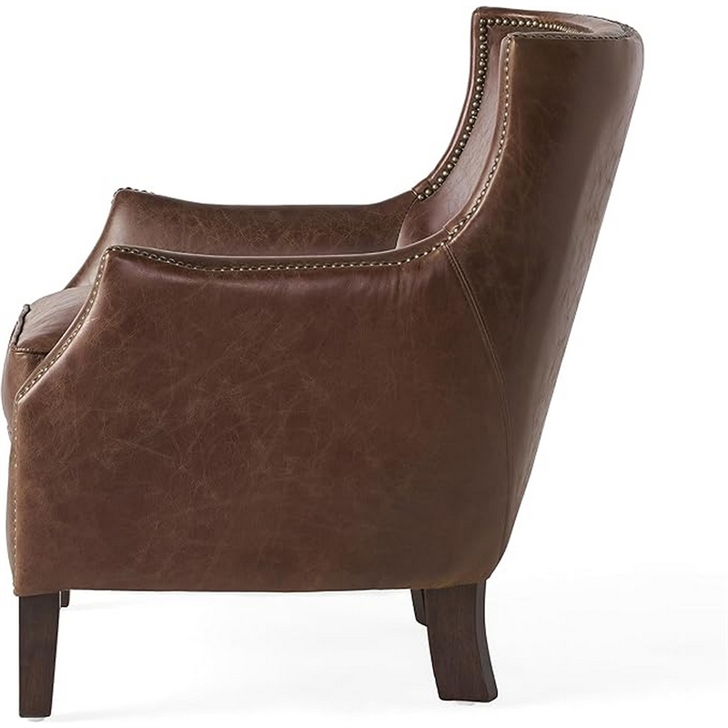 Accent Sofa Chair- Studded Trim- Brown Top Grain Leather- Rubberwood