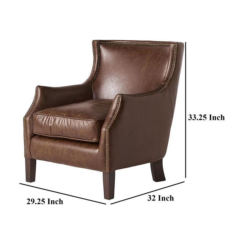 Accent Sofa Chair- Studded Trim- Brown Top Grain Leather- Rubberwood