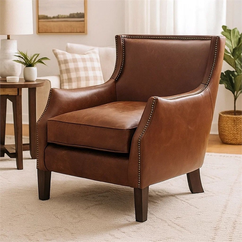 Accent Sofa Chair- Studded Trim- Brown Top Grain Leather- Rubberwood