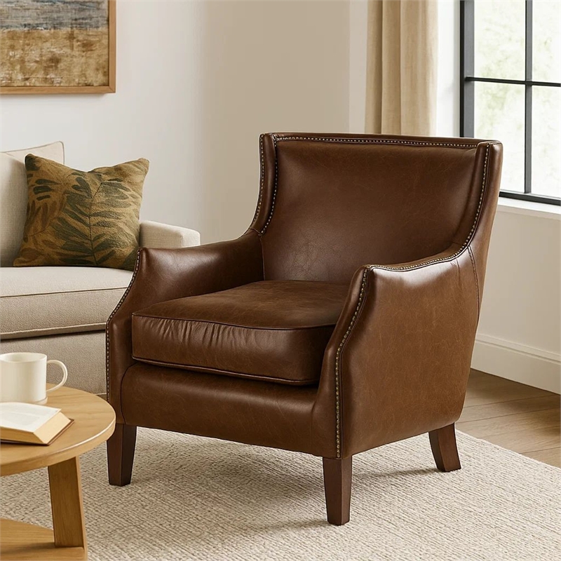 Accent Sofa Chair- Studded Trim- Brown Top Grain Leather- Rubberwood