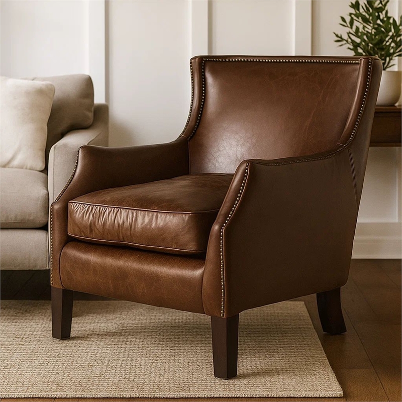 Accent Sofa Chair- Studded Trim- Brown Top Grain Leather- Rubberwood