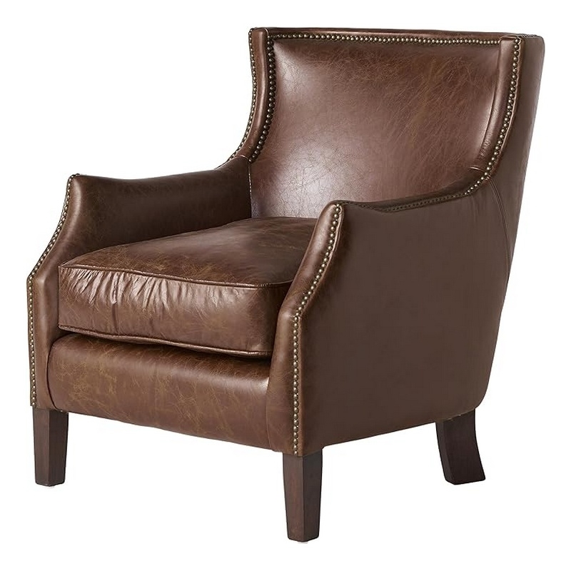 Accent Sofa Chair- Studded Trim- Brown Top Grain Leather- Rubberwood