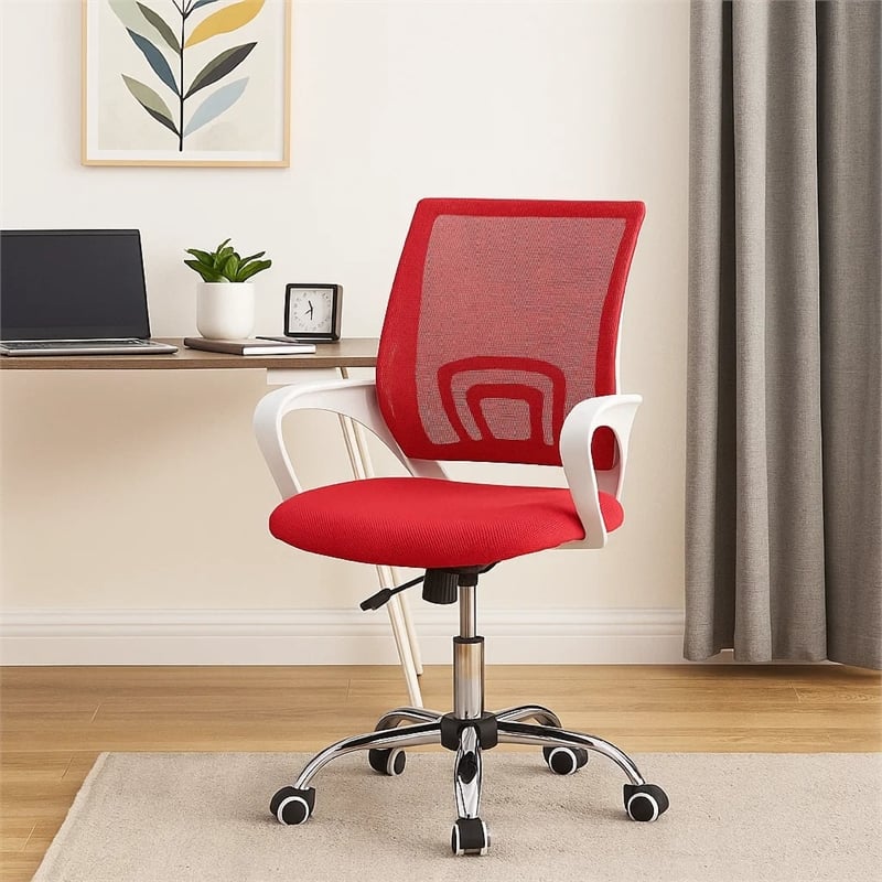 Fera Rolling Office Chair- Adjustable Chrome Base- Red Mesh Fabric