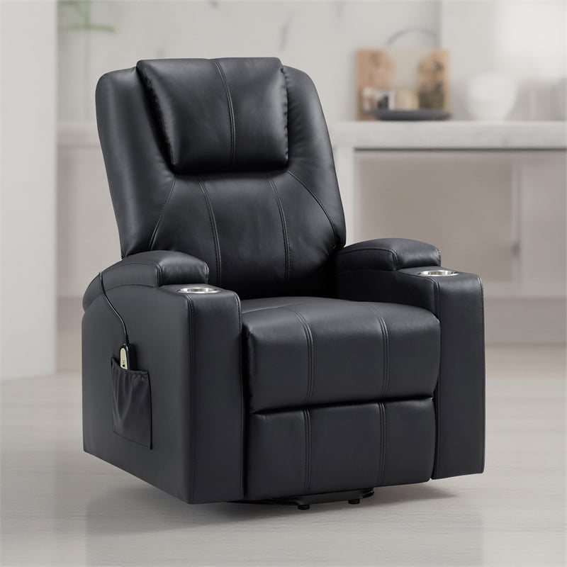 Stoy Power Lift Recliner Chair- Massage- 36 Inch Black Faux Leather