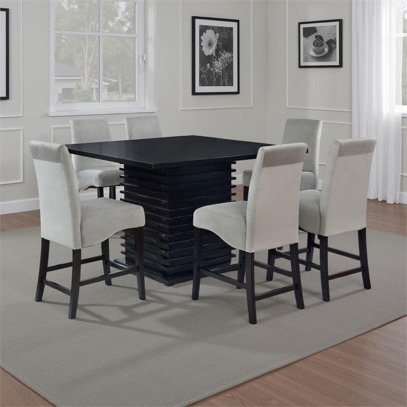 Tela 7pc Counter Height Dining Set- Black Wood Table- 6 Gray Chairs