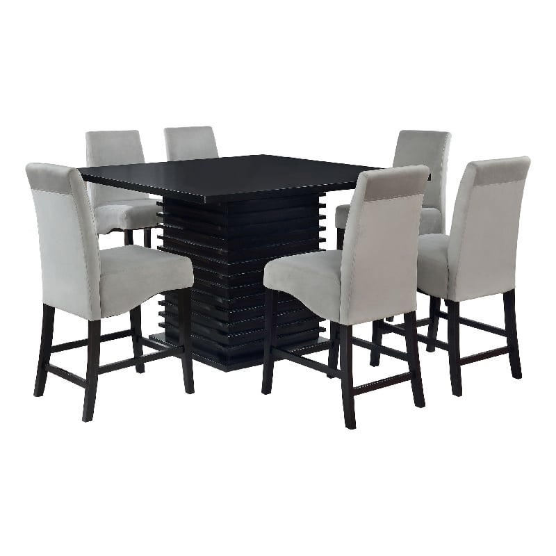 Tela 7pc Counter Height Dining Set- Black Wood Table- 6 Gray Chairs