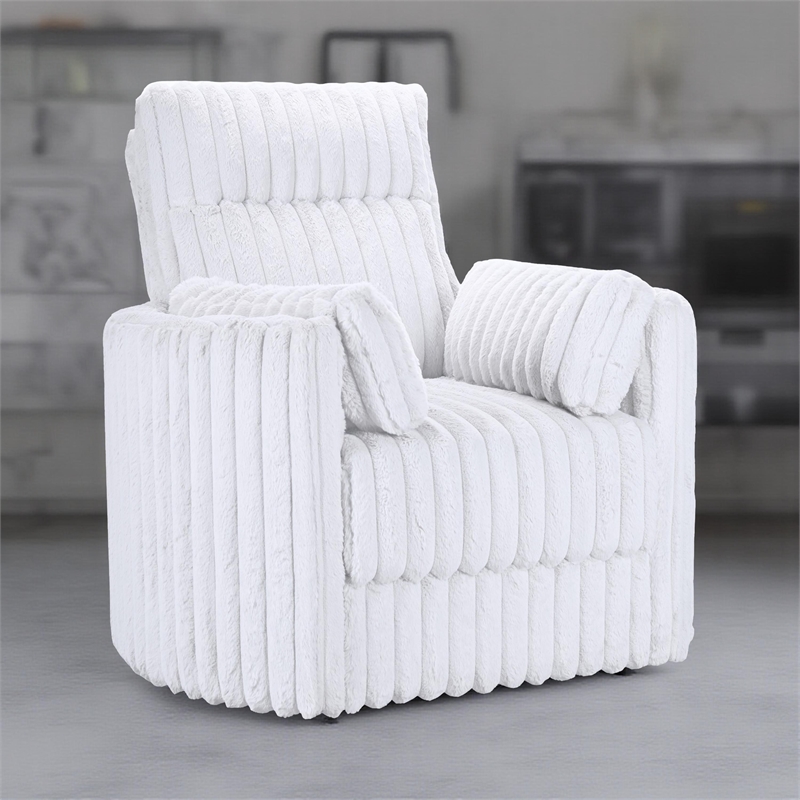 Ezo Swivel Accent Chair- Channel White Polyester Corduroy- 2 Pillows