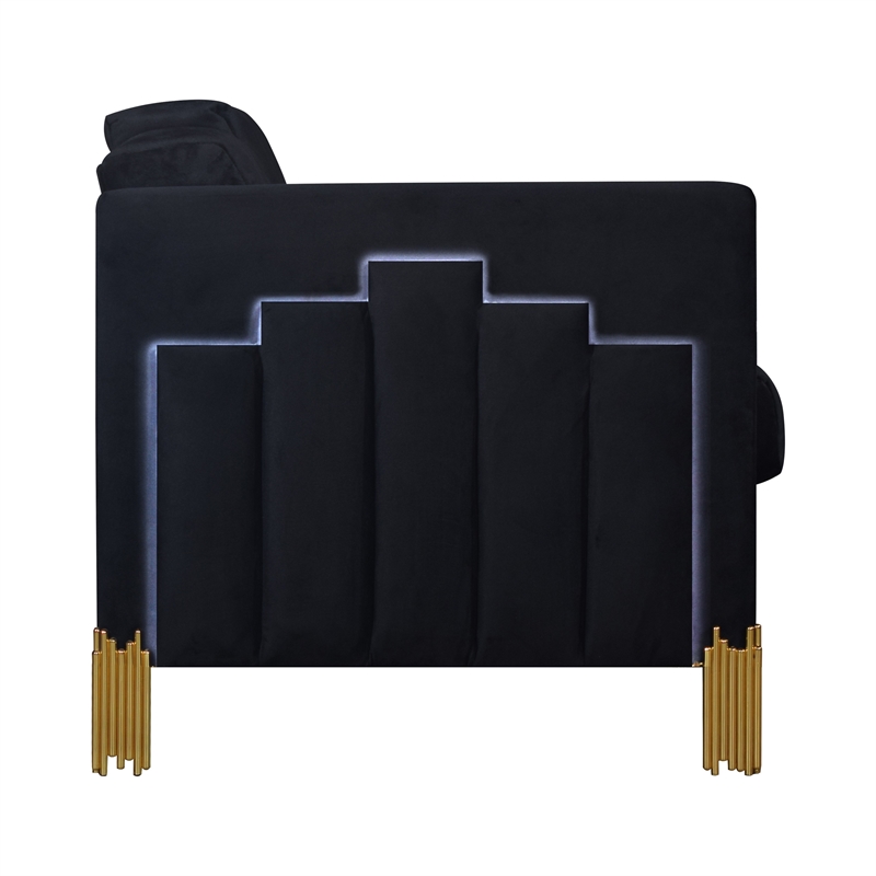 Theo Accent Chair- Black Velvet- Blue LED Lights- Gold Metal Legs