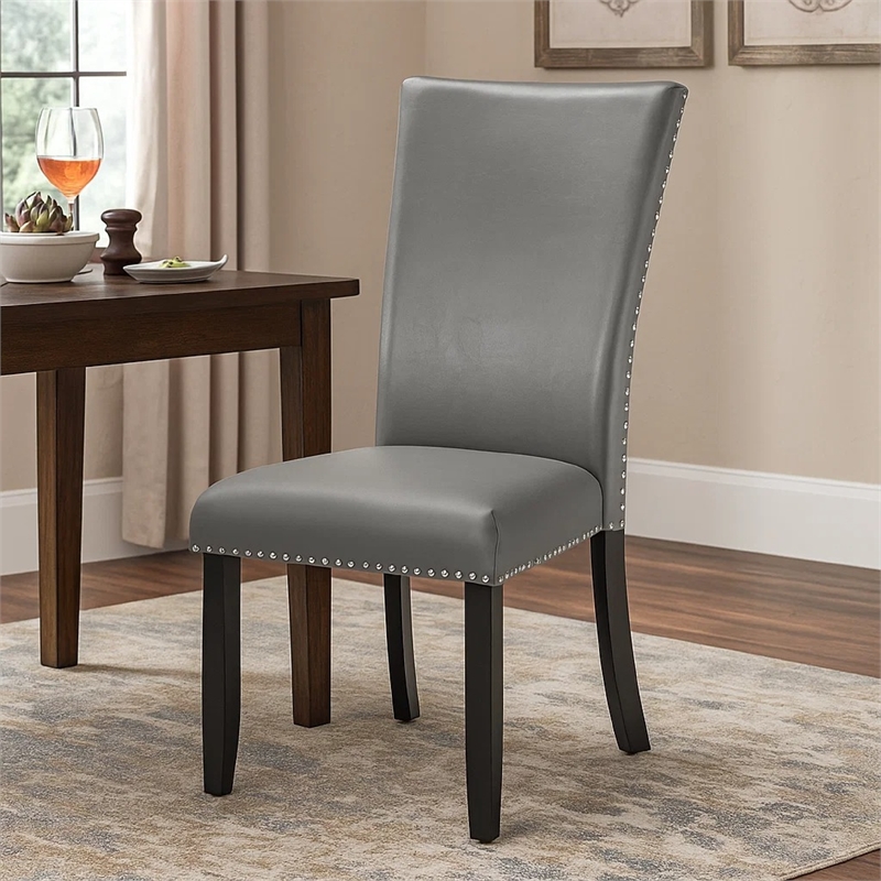 Lira Dining Chairs Set of 2- Nailhead Trim Gray Fabric- Solid Wood