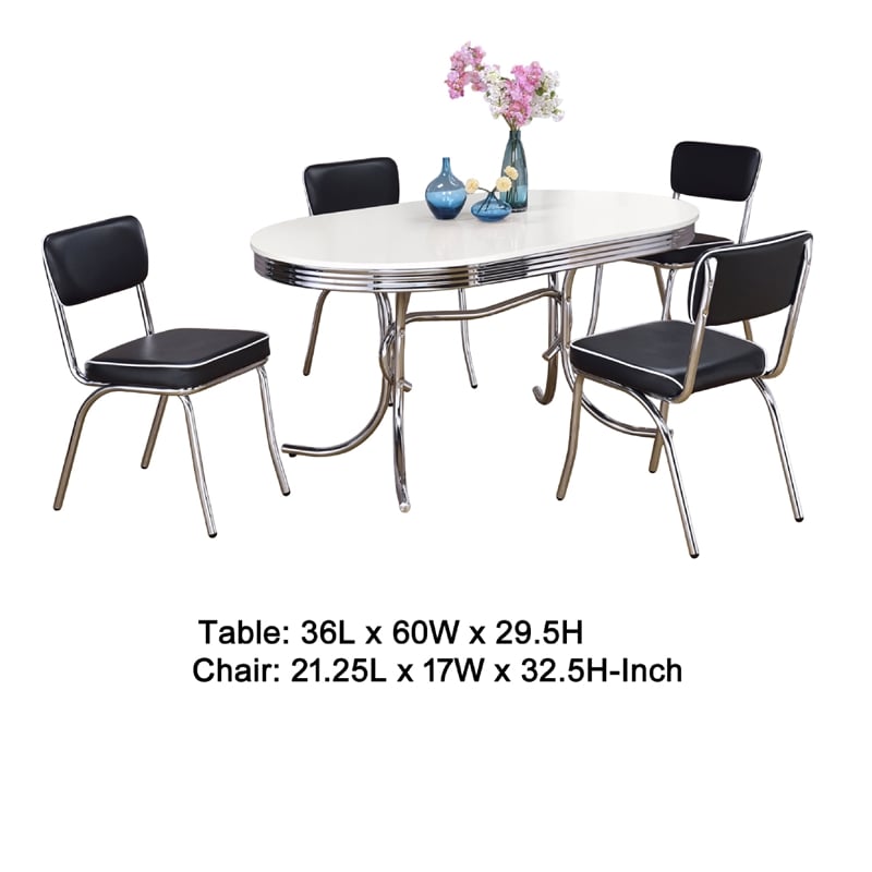 Loy 5pc Oval Dining Set w 4 Chairs- Retro Design Chrome- White- Black