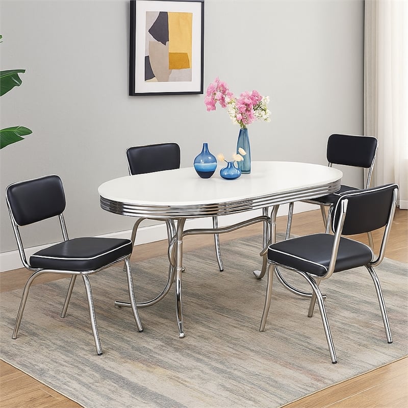 Loy 5pc Oval Dining Set w 4 Chairs- Retro Design Chrome- White- Black