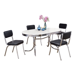Loy 5pc Oval Dining Set w 4 Chairs- Retro Design Chrome- White- Black