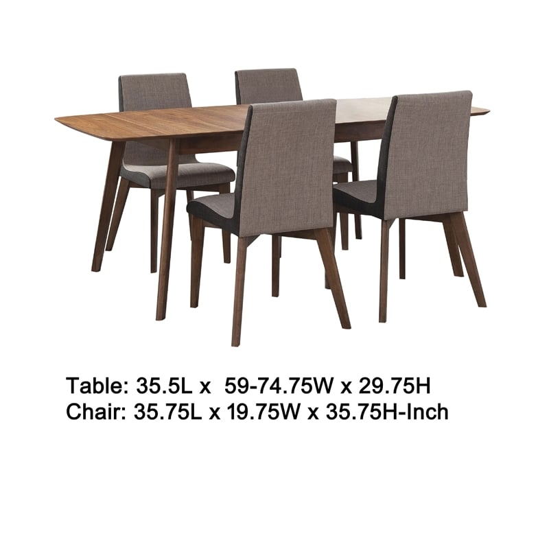 Bera 5pc Dining Set w 4 Chairs- 59-75 Inch Extendable- Walnut Brown- Gray