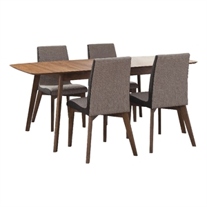 Bera 5pc Dining Set w 4 Chairs- 59-75 Inch Extendable- Walnut Brown- Gray