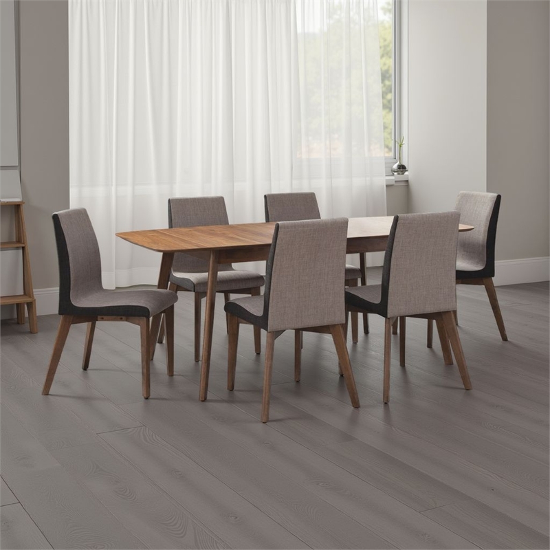 Bera 7pc Dining Set w Chairs- 59-75 Inch Extendable- Walnut Brown- Gray