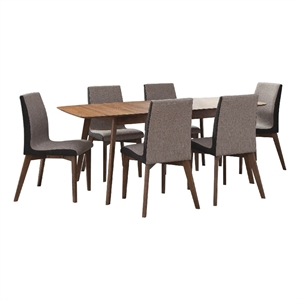 Bera 7pc Dining Set w Chairs- 59-75 Inch Extendable- Walnut Brown- Gray