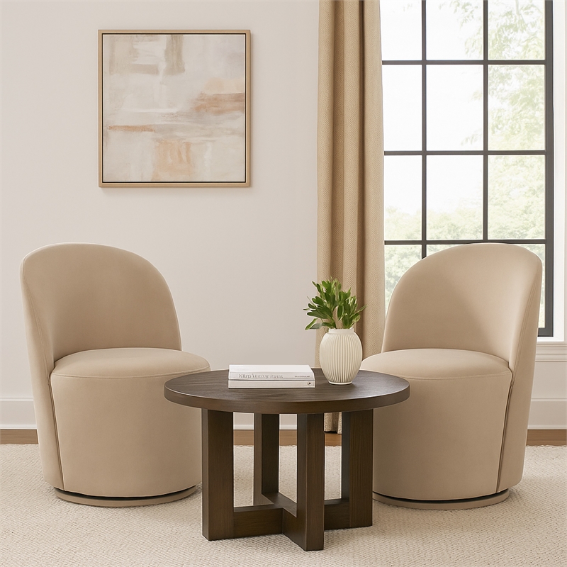 Accent Swivel Dining Chairs- Set of 2- Camel Brown Velvet- Contoured Back