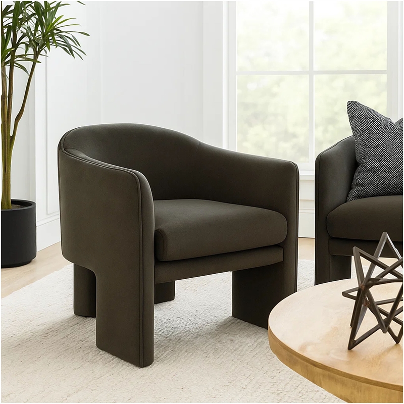 Lery Accent Chair- Green Winter Moss Performance Velvet- Curved Design